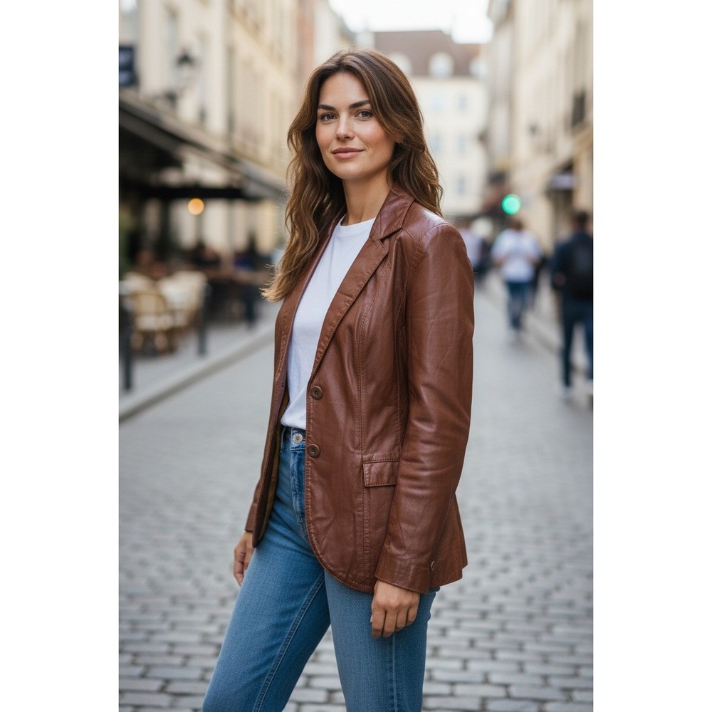 The Tannery Montgomery Ward Brown Leather Blazer Jacket Women Size 11 12